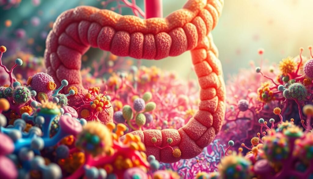 A vibrant, detailed illustration of a healthy intestinal microbiome. Showcasing a diverse ecosystem of beneficial bacteria and microorganisms thriving in an optimal gut environment. Vivid colors and intricate textures depict the harmonious balance of this vital internal landscape. The foreground features clusters of probiotic cultures, while the middle ground reveals a network of capillaries and neural pathways. The background suggests a soothing, serene atmosphere with a soft, natural lighting scheme. Conveying the importance of nurturing and maintaining a robust, diverse microbiome for overall health and wellbeing.