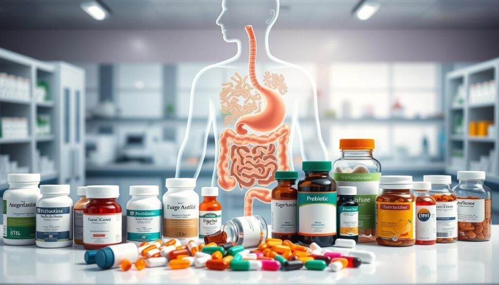 A vibrant, high-resolution image of a laboratory setting, showcasing an array of probiotic and prebiotic supplements against a backdrop of a human gut microbiome. The foreground features various bottles, capsules, and tablets of probiotics and prebiotics, arranged neatly on a clean, well-lit countertop. The middle ground depicts a detailed, anatomical illustration of the digestive system, with the gut microbiome represented by a diverse array of microorganisms. The background is a soft, blurred depiction of a research laboratory, conveying a sense of scientific expertise and professionalism. The overall composition is balanced, visually appealing, and effectively communicates the concept of "Tratamento de disbiose com probióticos e prebióticos".
