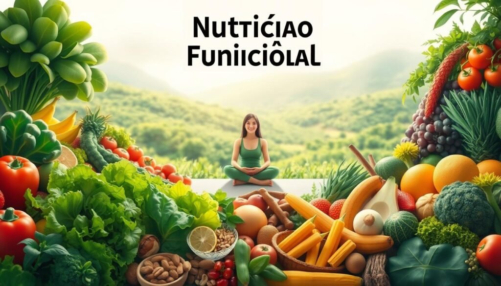 A vibrant, holistic illustration of functional nutrition. In the foreground, a bountiful array of whole, nutrient-dense foods - leafy greens, colorful fruits and vegetables, nuts, seeds, and lean proteins. In the middle ground, a person sitting in a serene, natural setting, exuding a sense of balance and well-being. The background features a lush, verdant landscape with a calming, diffused light, evoking a feeling of harmony and tranquility. The overall composition emphasizes the interconnectedness of nutrition, environment, and mental/physical health, capturing the essence of the "Nutrição Funcional" concept.