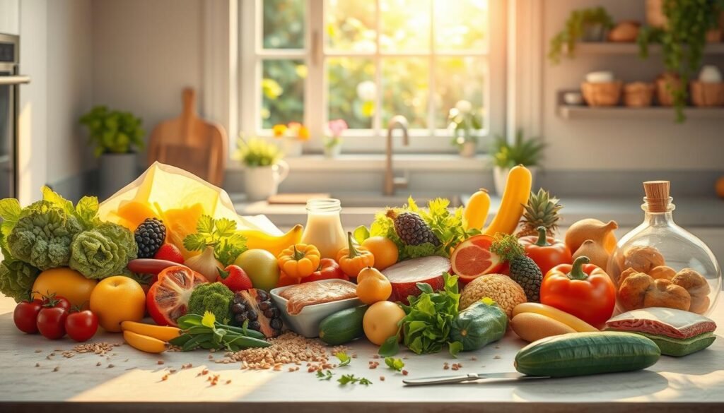 A vibrant illustration of nutritious foods preventing disease, bathed in warm, natural lighting. In the foreground, a variety of fresh fruits, vegetables, whole grains, and lean proteins are elegantly arranged, their colors and textures radiating vitality. The midground features a serene, minimalist kitchen counter, with a cutting board, knife, and scattered herbs hinting at the process of meal preparation. In the background, a window looks out onto a lush, verdant garden, symbolizing the connection between the earth's bounty and our own wellbeing. The overall scene conveys a sense of balance, health, and the power of a nourishing diet to support disease prevention.
