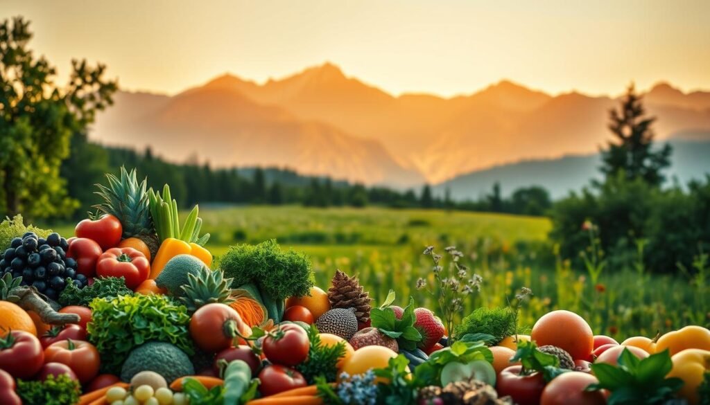 A vibrant landscape that celebrates the harmony between nutrition and well-being. In the foreground, a lush, colorful array of fresh fruits and vegetables, meticulously arranged to create a visually appealing and appetizing composition. The middle ground features a serene, sun-dappled meadow, with wildflowers and verdant foliage, symbolizing the natural sources of nourishment. In the background, a majestic mountain range bathes in warm, golden light, conveying a sense of balance, tranquility, and the interconnectedness of the natural world. The lighting is soft and diffused, creating a calming, inviting atmosphere that encourages a deeper appreciation for the role of nutrition in promoting overall well-being and preventative healthcare.