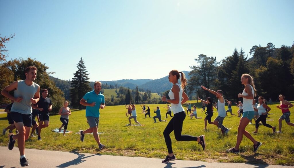 A vibrant outdoor scene of people engaging in various physical activities on a sunny day. In the foreground, a group of people jogging or running along a paved trail, their bodies in motion, faces flushed with exertion. In the middle ground, a group of individuals performing yoga or tai chi exercises on a grassy field, their movements graceful and serene. In the background, a lush, verdant landscape with rolling hills, towering trees, and a clear blue sky, creating a sense of tranquility and connection with nature. The lighting is warm and natural, casting a soft glow over the entire scene. The overall mood is one of energy, vitality, and a deep appreciation for the benefits of physical activity in the great outdoors.