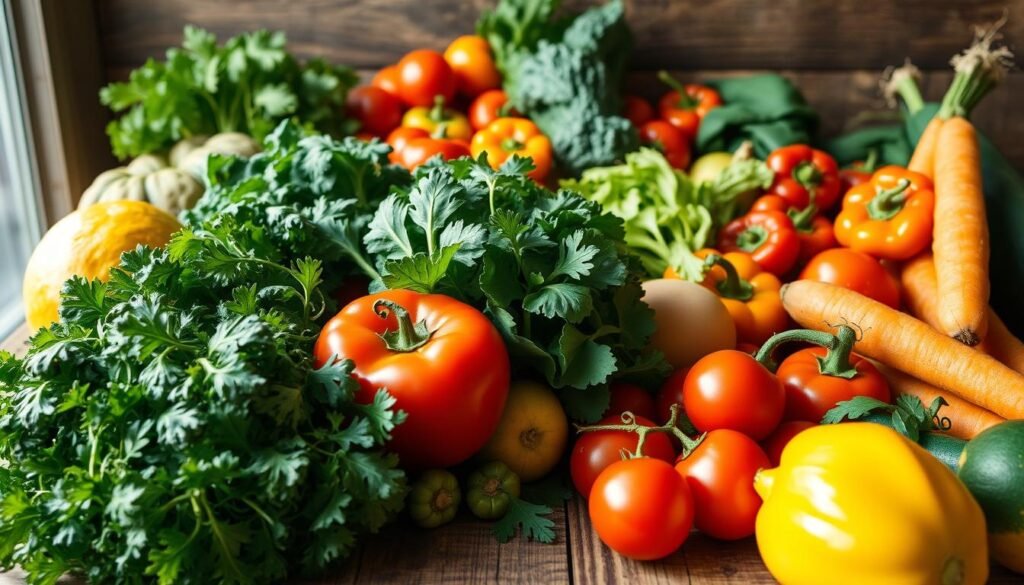 A vibrant still life composition showcasing an assortment of fresh, colorful fruits and vegetables on a rustic wooden table. In the foreground, a variety of leafy greens, such as kale, spinach, and arugula, are arranged artfully. Behind them, an array of seasonal produce including tomatoes, bell peppers, carrots, and zucchini are displayed in a harmonious color palette. Soft, natural lighting filters in from the side, casting gentle shadows and highlighting the vibrant hues of the ingredients. The overall atmosphere conveys a sense of health, vitality, and a celebration of the wholesome, preventative power of a nutrient-rich, plant-based diet.