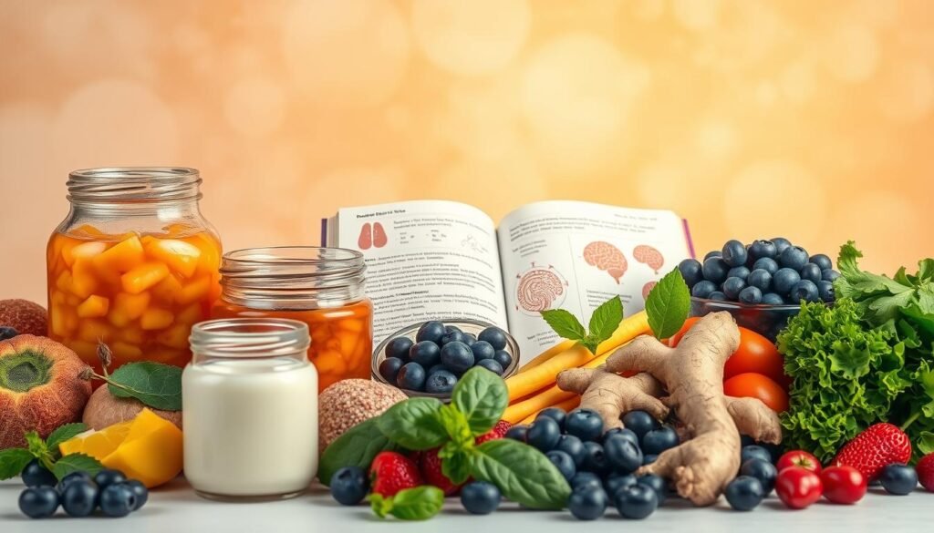 A vibrant still life depicting the interplay between diet and dysbiosis. In the foreground, an assortment of gut-healing superfoods - probiotic-rich kefir, sauerkraut, and kimchi; alongside anti-inflammatory fruits and vegetables like blueberries, leafy greens, and ginger. In the middle ground, an open book showcases scientific diagrams and illustrations explaining the gut-brain axis, with arrows connecting the microbiome to neuroinflammation. The background features a soft, hazy backdrop, evocative of the soothing, restorative nature of a balanced, microbiome-nourishing diet. Warm, natural lighting casts a gentle glow, emphasizing the wholesome, nourishing qualities of the scene. The overall mood is one of introspection, discovery, and the power of nutrition to heal the body and mind.