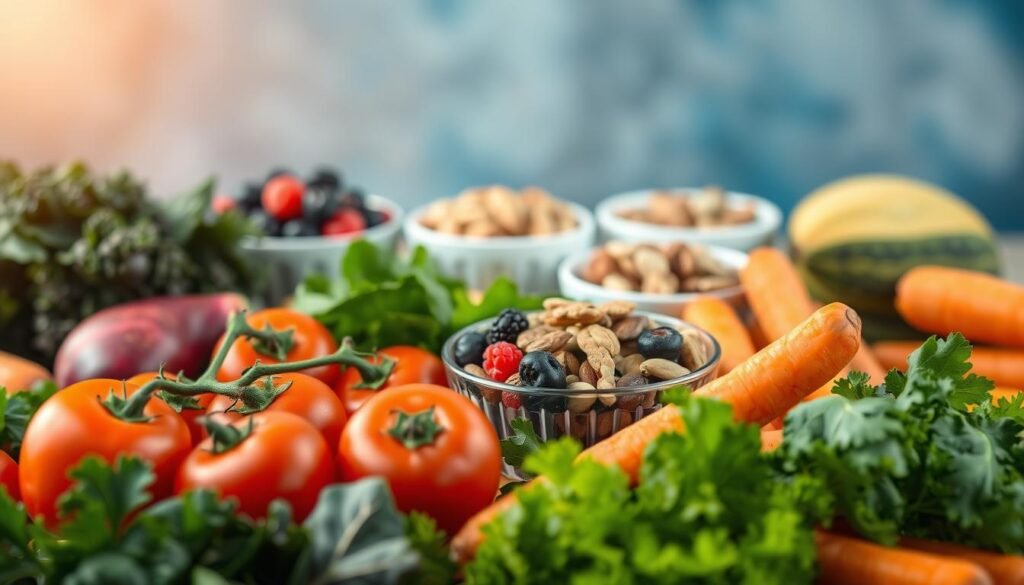 A vibrant still life featuring an array of nourishing, mentally-fortifying foods. In the foreground, a collection of vibrant vegetables - leafy greens, juicy tomatoes, crisp carrots - arranged with care. In the middle ground, bowls brimming with brain-boosting berries, nuts, and seeds. The background softly illuminated by warm, natural lighting, evoking a sense of serenity and wellness. The composition exudes balance, vitality, and a harmonious connection between wholesome nutrition and cognitive well-being.