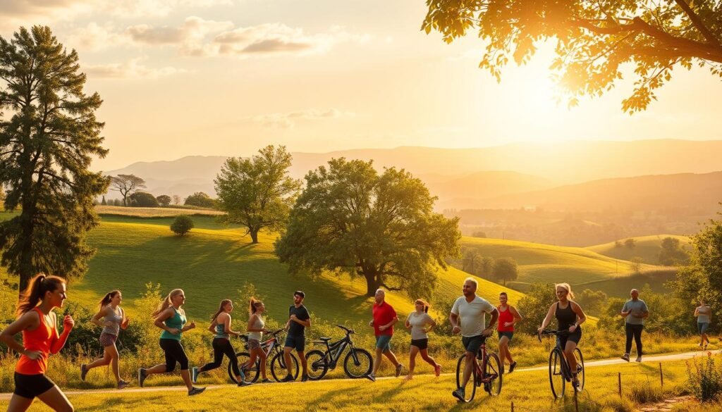 A vibrant, sun-dappled outdoor scene depicting the positive influence of physical activity on health. In the foreground, a diverse group of people engaged in various fitness pursuits - jogging, cycling, yoga, and more - their faces radiant with energy and well-being. The mid-ground showcases lush, verdant landscapes, with towering trees and winding paths that invite exploration. Soft, warm lighting casts a golden glow, highlighting the joy and vitality of an active lifestyle. In the background, a panoramic vista of rolling hills and distant mountains, symbolizing the far-reaching benefits of physical fitness. The overall composition conveys a sense of balance, harmony, and the profound connection between an active body and a healthy mind. A vibrant, sun-dappled outdoor scene depicting the positive influence of physical activity on health. In the foreground, a diverse group of people engaged in various fitness pursuits - jogging, cycling, yoga, and more - their faces radiant with energy and well-being. The mid-ground showcases lush, verdant landscapes, with towering trees and winding paths that invite exploration. Soft, warm lighting casts a golden glow, highlighting the joy and vitality of an active lifestyle. In the background, a panoramic vista of rolling hills and distant mountains, symbolizing the far-reaching benefits of physical fitness. The overall composition conveys a sense of balance, harmony, and the profound connection between an active body and a healthy mind.