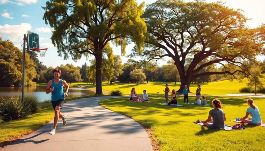 A vibrant, sun-dappled scene of a healthy lifestyle. In the foreground, a person jogs along a winding path, their stride energetic and their expression serene. Surrounding them, lush greenery - a verdant park with towering trees and a crystal-clear lake reflecting the azure sky. In the middle ground, a group of people engage in various wellness activities: yoga on the grass, a pickup game of basketball, and a picnic under a shady oak. The atmosphere is one of tranquility and vitality, with soft natural lighting accentuating the scene. The overall impression is one of balance, harmony, and the pursuit of physical and mental well-being.