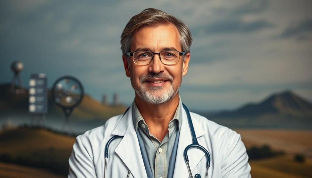 A warm and dynamic portrait of Dr. Jo Furlan, a compassionate physician dedicated to promoting public health. Positioned in the foreground, Furlan stands tall and confident, his gaze conveying a sense of care and purpose. Gentle studio lighting casts a soft glow, highlighting his features and the crisp, professional attire. In the middle ground, medical symbols and tools symbolize his medical expertise, while the background depicts a blurred, abstract landscape suggestive of his work's broader societal impact. The overall tone is one of authority, expertise, and a genuine commitment to improving the wellbeing of the community.