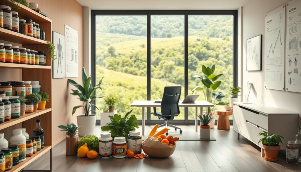 A warm and inviting scene depicting the modern practice of Nutrologia, the science of nutrition and its role in holistic health. In the foreground, a well-stocked shelf of various nutritional supplements and superfoods, artfully arranged with a focus on balanced wellness. The middle ground features a cozy office setting, with a sleek desk, a large window that floods the space with natural light, and medical diagrams or charts adorning the walls, conveying a sense of expertise and innovation. In the background, a lush, verdant landscape can be seen through the window, symbolizing the connection between nutrition, nature, and overall wellbeing. The overall composition exudes a sense of professionalism, modernity, and a deep commitment to improving health through evidence-based nutritional practices.