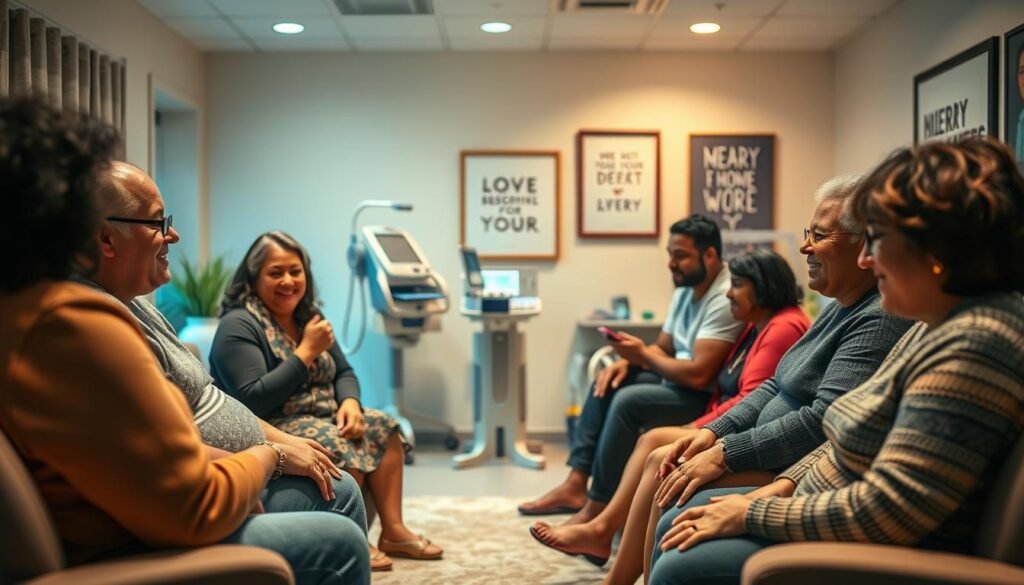 A warm, empathetic scene of patients sharing their personal stories of transformation after undergoing bariatric surgery. The foreground features a diverse group of individuals sitting in a cozy, intimate setting, their faces animated as they engage in heartfelt conversation. The middle ground showcases a soothing, pastel-hued environment, with soft lighting that casts a gentle glow, fostering an atmosphere of comfort and openness. In the background, subtle visual cues, such as medical equipment or motivational artwork, reinforce the context of the discussion. The overall composition conveys a sense of hope, resilience, and the power of shared experiences in the journey towards improved health and well-being.