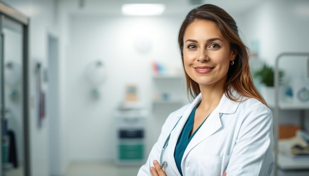 A warm, inviting portrait of a healthcare professional in a clinical setting, standing confidently and radiating a sense of expertise and compassion. The subject is dressed in a pristine white lab coat, conveying professionalism and authority. The lighting is soft and diffused, creating a serene, calming atmosphere. The background features a blurred, out-of-focus medical office, with subtle hints of medical equipment and supplies, suggesting a dedicated focus on patient care. The subject's gaze is direct and engaging, establishing a connection with the viewer and emphasizing the role of the "promotor da saúde" as a trusted, approachable healthcare provider.