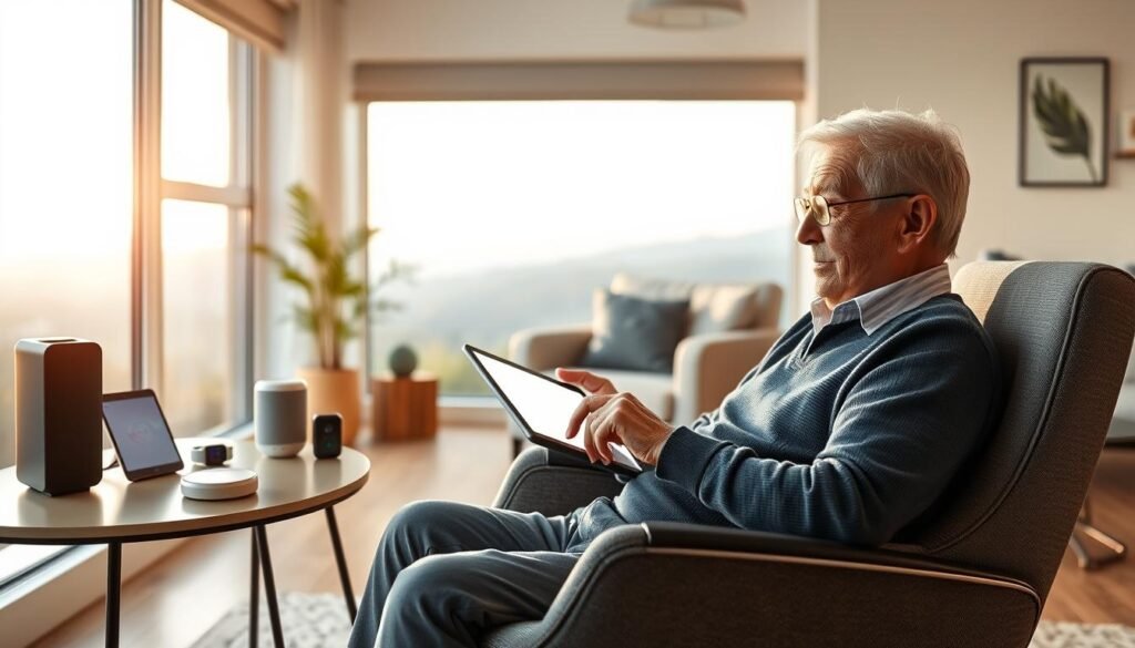 A warm, inviting scene of an elderly person interacting with various assistive technologies. The foreground features a senior person sitting comfortably in a modern, ergonomic armchair, holding a tablet device with a bright, intuitive interface. Behind them, a side table displays a smart speaker, a smartwatch, and other connected devices seamlessly integrated into the space. The mid-ground showcases a large window overlooking a tranquil, nature-filled landscape, bathing the room in soft, natural lighting. The background features minimalist, yet functional decor, creating a calming, high-tech atmosphere that promotes independence and comfort for the elderly user. The overall composition conveys a sense of harmony between advanced technologies and the needs of an aging population. A warm, inviting scene of an elderly person interacting with various assistive technologies. The foreground features a senior person sitting comfortably in a modern, ergonomic armchair, holding a tablet device with a bright, intuitive interface. Behind them, a side table displays a smart speaker, a smartwatch, and other connected devices seamlessly integrated into the space. The mid-ground showcases a large window overlooking a tranquil, nature-filled landscape, bathing the room in soft, natural lighting. The background features minimalist, yet functional decor, creating a calming, high-tech atmosphere that promotes independence and comfort for the elderly user. The overall composition conveys a sense of harmony between advanced technologies and the needs of an aging population.
