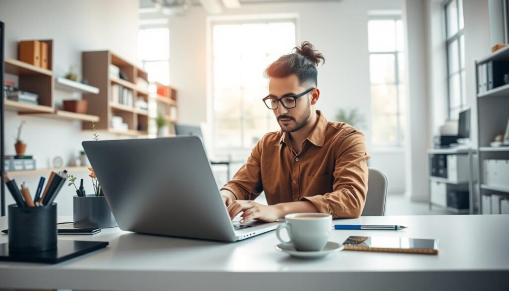 A well-lit, airy office space with a focused, productive worker at a minimalist desk. In the foreground, the worker intently types on a sleek, modern laptop, their face reflecting deep concentration. Surrounding them, an organized array of office supplies, a potted plant, and a steaming mug of coffee, conveying a sense of efficiency and attention to detail. In the middle ground, the walls are lined with neatly arranged shelves, suggesting an orderly, distraction-free environment. The background features large windows that allow natural light to stream in, creating a bright, inviting atmosphere that enhances the worker's sense of focus and engagement. The overall scene conveys a harmonious balance of productivity, organization, and wellness within a contemporary workspace.