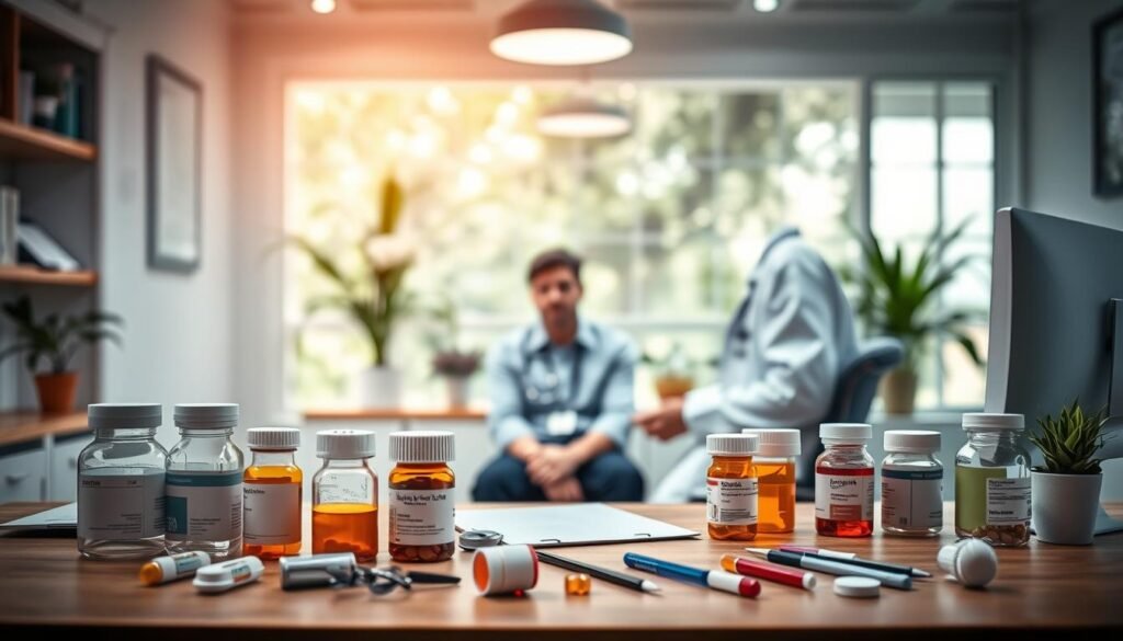 A well-lit office setting with a doctor's desk in the foreground, showcasing various prescription bottles and medical instruments. In the middle ground, a patient sits attentively, engaged in a conversation with the doctor. The background depicts a soothing, calming scene with natural elements like plants and soft lighting, conveying a sense of tranquility and wellness. The overall atmosphere is professional yet reassuring, reflecting the theme of "Tratamentos Farmacológicos para Burnout".