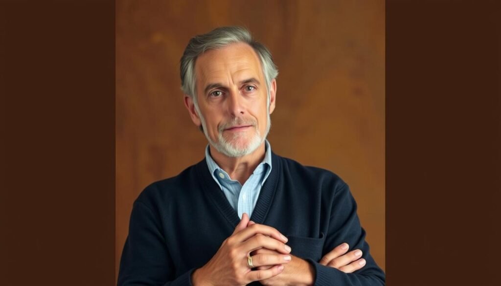 A well-lit portrait of Dr. Jo Furlan, a pioneering figure in the field of physical activity and well-being. He stands in a thoughtful pose, his hands clasped in front of him, against a backdrop of warm, earthy tones that suggest the natural world he championed. His gaze is direct, conveying a sense of authority and expertise. The lighting is soft and flattering, accentuating the lines of his face and the wisdom in his eyes. The overall mood is one of quiet contemplation, reflecting the depth and significance of his contributions to the understanding of the human body and the pursuit of holistic health.