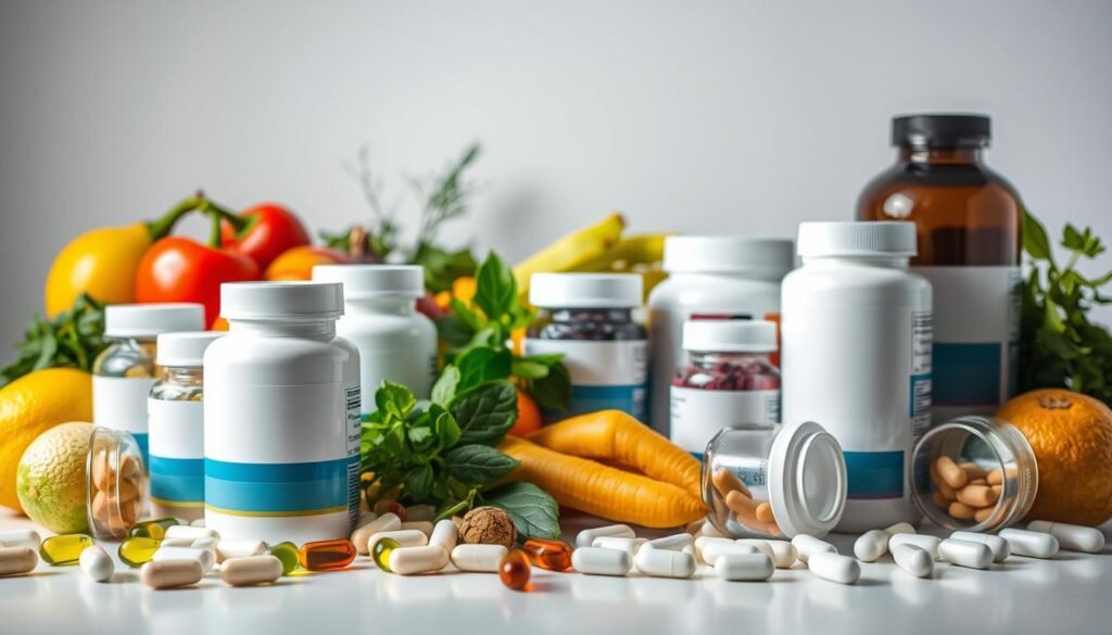 A well-lit, professionally-photographed still life composition featuring an assortment of high-quality nutritional supplements. The foreground displays a range of capsules, tablets, and powders in various containers, arranged with meticulous care. The middle ground includes a selection of fresh, wholesome ingredients like fruits, vegetables, and herbs, suggesting the natural sources of these supplements. The background features a clean, minimalist backdrop, allowing the supplements and ingredients to be the focal point. The lighting is soft and diffused, highlighting the textures and colors of the products. The overall mood is one of health, wellness, and scientific precision, reflecting the nutrological approach to addressing nutritional deficiencies. A well-lit, professionally-photographed still life composition featuring an assortment of high-quality nutritional supplements. The foreground displays a range of capsules, tablets, and powders in various containers, arranged with meticulous care. The middle ground includes a selection of fresh, wholesome ingredients like fruits, vegetables, and herbs, suggesting the natural sources of these supplements. The background features a clean, minimalist backdrop, allowing the supplements and ingredients to be the focal point. The lighting is soft and diffused, highlighting the textures and colors of the products. The overall mood is one of health, wellness, and scientific precision, reflecting the nutrological approach to addressing nutritional deficiencies.