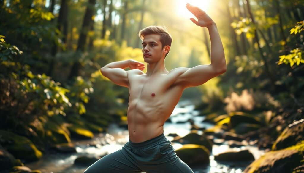An athletic young man performing yoga poses in a serene, sun-drenched forest clearing. Warm natural light filters through the lush foliage, casting a tranquil glow. The man's focused expression and fluid movements convey a sense of inner calm and physical discipline. In the background, a gently flowing stream and moss-covered rocks create a peaceful, contemplative ambiance. The scene evokes the harmonious integration of intermittent fasting and an active, mindful exercise routine.