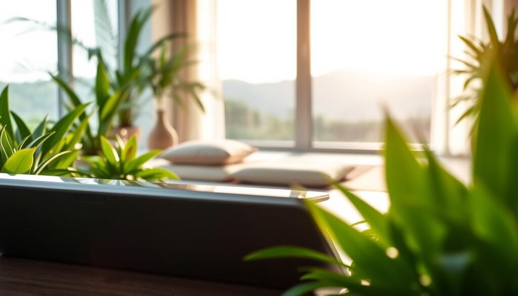 An elegant and serene scene of technological integration with NeuroWellness. In the foreground, a sleek, modern laptop or tablet seamlessly blends with lush, vibrant greenery and calming natural elements. The middle ground features a serene meditation space, with plush cushions and gentle lighting, suggesting the harmony between technology and mindfulness. The background showcases a warm, sunlit environment, with floor-to-ceiling windows and a serene outdoor landscape, emphasizing the connection between the digital and the natural worlds. The overall composition conveys a sense of balance, tranquility, and the powerful synergy between technology and mental well-being.
