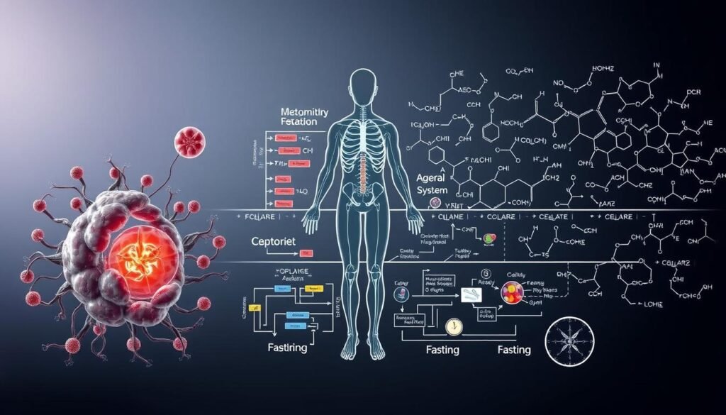 An intricate diagram showcasing the metabolic mechanisms of intermittent fasting. In the foreground, a detailed illustration of the cellular processes involved, depicting mitochondria, enzymes, and metabolic pathways. In the middle ground, a stylized representation of the fasting and feeding cycles, with the body's systems adapting to the changing states. In the background, a minimalist design of molecular structures and chemical equations, conveying the scientific principles underlying this dietary approach. The lighting is crisp and clean, with a subtle gradient that enhances the sense of depth and complexity. The overall mood is one of scientific precision and visual elegance, inviting the viewer to explore the intricacies of this metabolic phenomenon.