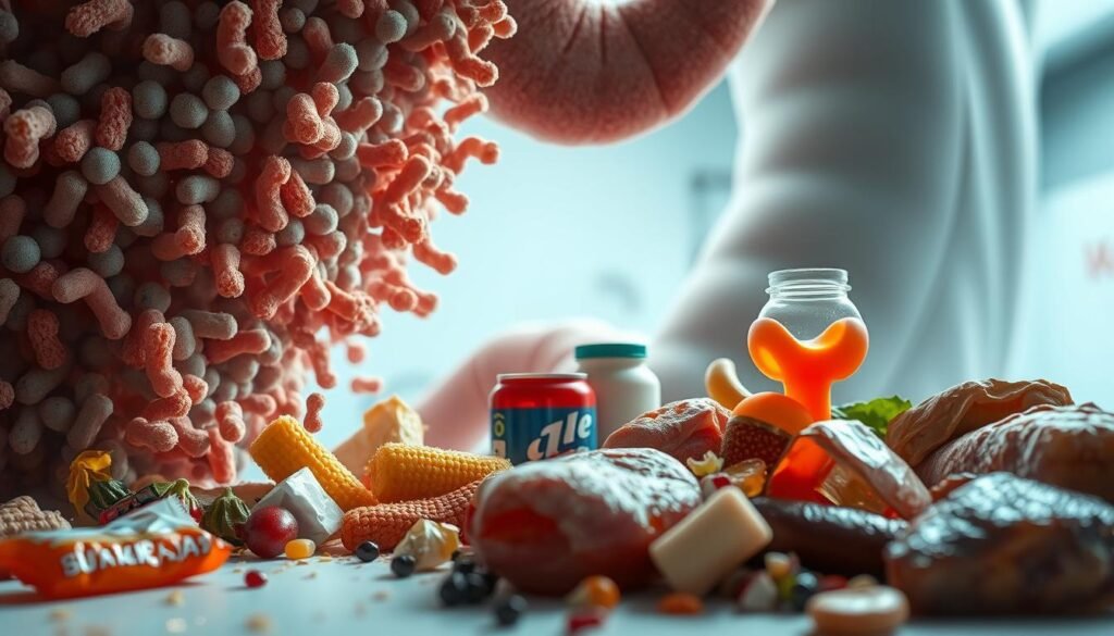 Detailed close-up of a human gut bacteria colony, with individual microorganisms visible under high magnification. The gut ecosystem is disrupted, with imbalanced populations and abnormal shapes and colors. In the foreground, a series of unhealthy food items - processed snacks, sugary drinks, and fatty meats - are haphazardly arranged, symbolizing the impact of poor dietary choices on gut microbiome health. The background is a clinical, sterile environment, conveying the medical implications of dysbiosis. The lighting is stark and direct, highlighting the severity of the gut imbalance. The overall mood is one of concern and urgency, emphasizing the need to address the connection between diet and the microbiome.