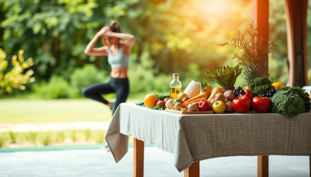 Integrating Nutrition and Physical Activity: A Harmonious Synergy A vibrant and dynamic scene depicting the seamless integration of nutrition and physical activity. In the foreground, a figure in athletic attire performs a stretching routine, exuding a sense of vitality and balance. In the middle ground, a table adorned with a variety of fresh, wholesome foods, showcasing the importance of a nutrient-rich diet to support an active lifestyle. The background features a serene, natural environment, with lush greenery and a calming, diffused lighting that adds to the atmosphere of holistic well-being. The scene conveys the synergistic relationship between proper nutrition and regular physical activity, highlighting their pivotal role in the modern medical practice. Integrating Nutrition and Physical Activity: A Harmonious Synergy A vibrant and dynamic scene depicting the seamless integration of nutrition and physical activity. In the foreground, a figure in athletic attire performs a stretching routine, exuding a sense of vitality and balance. In the middle ground, a table adorned with a variety of fresh, wholesome foods, showcasing the importance of a nutrient-rich diet to support an active lifestyle. The background features a serene, natural environment, with lush greenery and a calming, diffused lighting that adds to the atmosphere of holistic well-being. The scene conveys the synergistic relationship between proper nutrition and regular physical activity, highlighting their pivotal role in the modern medical practice.