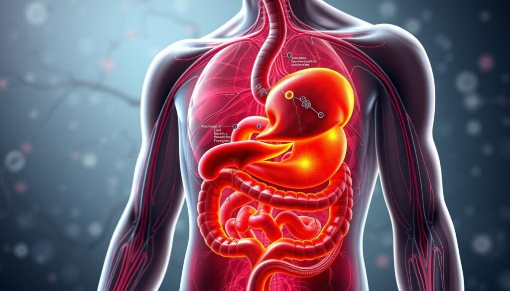 Metabolism during intermittent fasting: a detailed anatomical illustration depicting the complex physiological processes unfolding within the human body. In the foreground, a cutaway view showcases the gut, liver, and pancreas, with dynamic visualizations of hormonal regulation, fat mobilization, and glucose homeostasis. The middle ground features a network of blood vessels and nerve pathways, highlighting the systemic responses to fasting. The background subtly conveys a sense of time-lapse, with subtle changes in cell activity and mitochondrial function. The lighting is soft and diffused, creating a contemplative, educational atmosphere. The overall composition aims to provide a comprehensive, scientifically accurate understanding of the metabolic adaptations occurring during intermittent fasting.