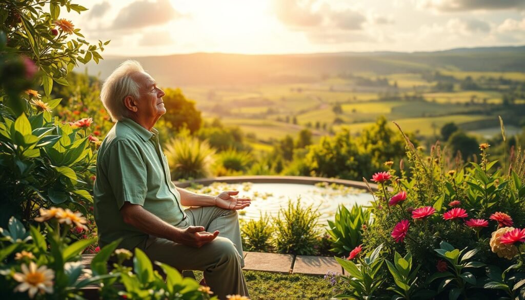 Vibrant, lush garden oasis brimming with verdant plants and flowers, illuminated by warm natural light filtering through wispy clouds. In the foreground, a serene elderly person sitting on a comfortable bench, eyes closed in tranquil meditation, radiating a sense of calm and contentment. The middle ground features a picturesque pond with gentle rippling water, surrounded by flourishing greenery. In the background, a panoramic view of a rolling, sun-dappled landscape, evocative of health, harmony, and the vitality of life. The overall composition conveys a profound sense of well-being, inner peace, and the positive impact of holistic wellness practices.