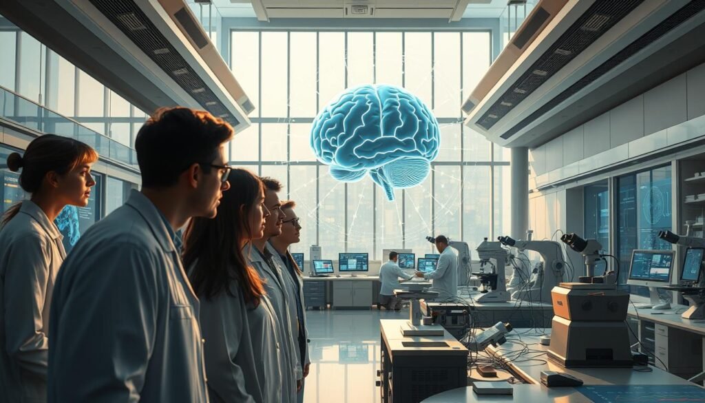 a detailed cinematic illustration of the latest advancements in neuroscience, featuring a sophisticated laboratory setting with state-of-the-art equipment and scientific instruments. In the foreground, a group of researchers are intently examining brain imaging data projected on a large holographic display, their expressions filled with concentration and scientific curiosity. The middle ground showcases advanced neural scanning devices, electroencephalography (EEG) systems, and cutting-edge microscopes, all bathed in a soft, warm lighting that creates a sense of technological progress. The background depicts a panoramic view of the laboratory, with sleek, futuristic architecture and floor-to-ceiling windows that allow natural light to flood the space, symbolizing the openness and transparency of modern neuroscience research.