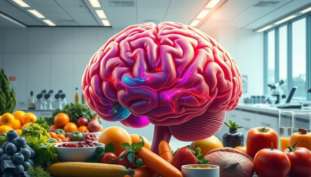a highly detailed, photorealistic, digital painting of a neuroscience and weight loss concept. In the foreground, a large human brain is the focal point, with intricate neural pathways and connections depicted in vibrant colors. The brain is surrounded by healthy foods such as fresh fruits, vegetables, and lean protein sources, symbolizing the role of nutrition in cognitive function and weight management. In the middle ground, various medical and scientific instruments, such as microscopes, beakers, and test tubes, represent the research and clinical aspects of the field of neuroscience. The background features a modern, minimalist laboratory setting with clean lines, sleek furniture, and state-of-the-art equipment, conveying a sense of professionalism and innovation. The lighting is soft and directional, casting subtle shadows and highlights to enhance the depth and realism of the scene. The overall mood is one of scientific exploration, healthy living, and the interconnectedness of the brain and body.