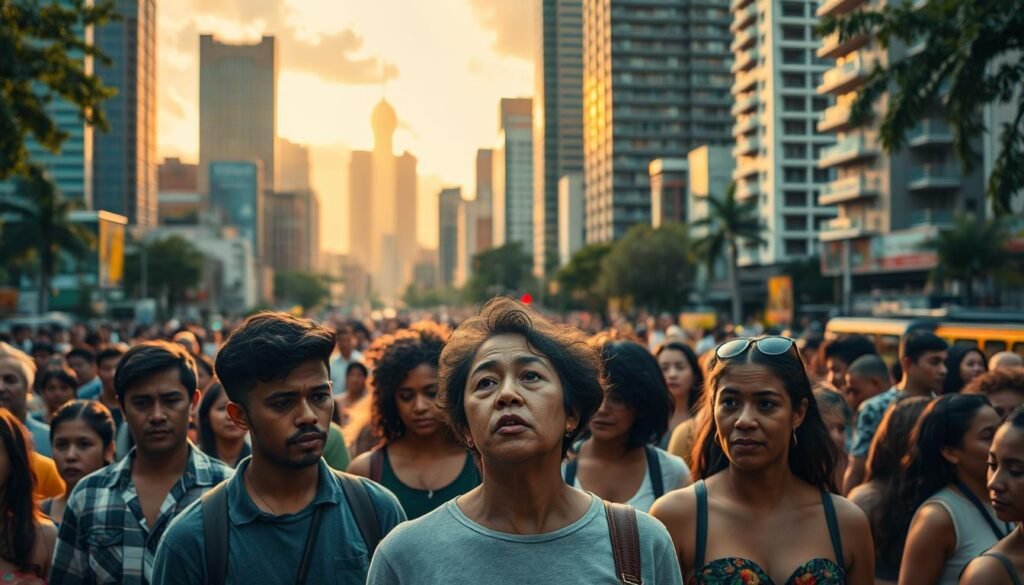 A bustling Brazilian cityscape, teeming with people of diverse backgrounds, set against a backdrop of towering skyscrapers and lush greenery. In the foreground, a group of individuals grapple with the challenges of "obesidade cerebral," their expressions reflecting the mental and physical strain of this condition. The mid-ground showcases a range of food options, both healthy and indulgent, symbolizing the complex relationship between the brain, diet, and weight gain. The background is bathed in a warm, golden light, creating an atmosphere of contemplation and introspection. The scene is captured through a cinematic, wide-angle lens, inviting the viewer to immerse themselves in the complexities of "obesidade cerebral" within the Brazilian societal context.