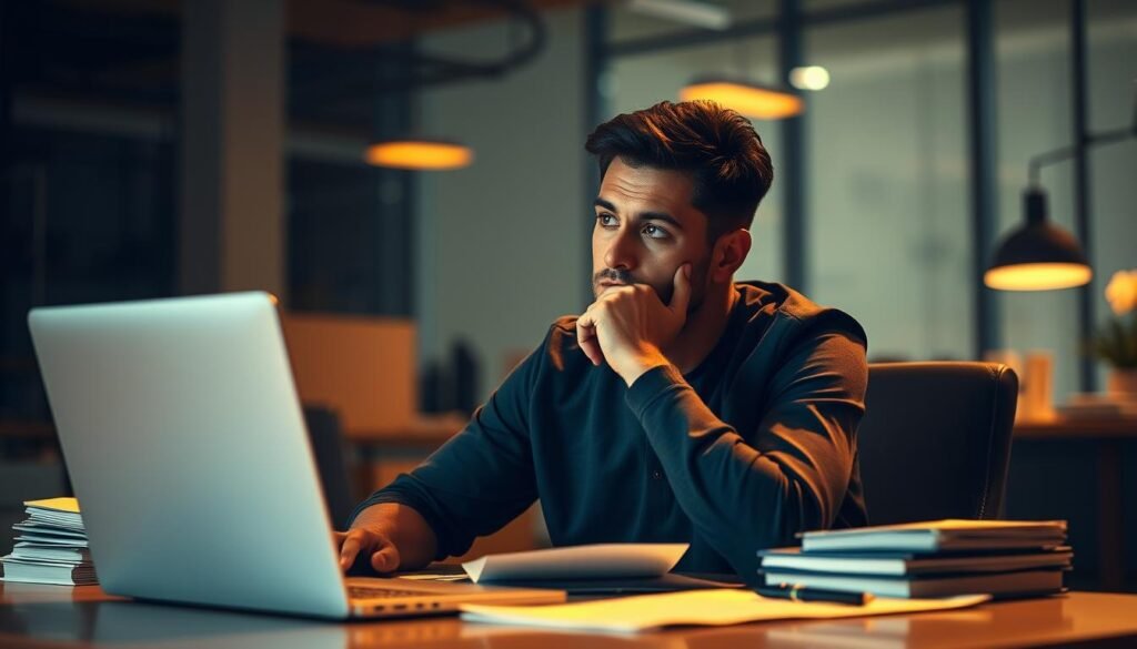 A contemplative figure sits at a desk, deep in thought, surrounded by a well-lit, modern office space. Warm lighting casts a pensive glow, guiding the viewer's focus to the person's face as they ponder an important decision. The desk is neatly organized, with a laptop, a stack of papers, and a pen resting nearby, suggesting the process of carefully weighing options. The background is slightly blurred, drawing attention to the central figure's concentrated expression, conveying the gravity and complexity of the decision-making moment. The overall atmosphere is one of focused introspection, reflecting the intricacies of the decision-making process.