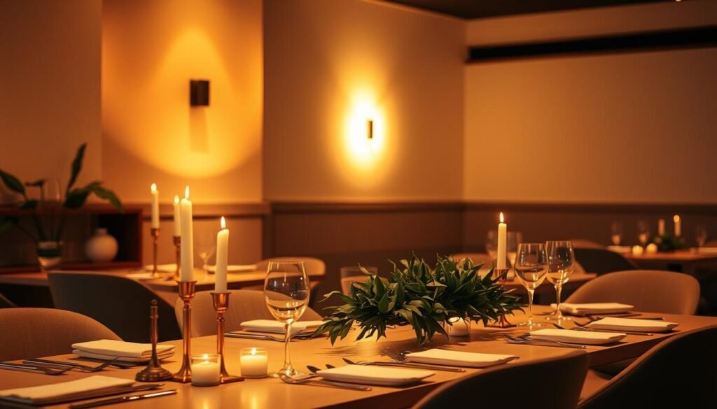 A cozy and inviting dining space, bathed in warm, ambient lighting that casts a soft, golden glow. The foreground features a stylishly set dining table, adorned with elegant tableware, candles, and a lush, natural centerpiece. The middle ground showcases modern, minimalist furnishings in soothing tones that complement the overall aesthetic. In the background, a wall-mounted lighting fixture emits a subtle, diffused illumination, creating a harmonious and visually appealing atmosphere. The overall scene conveys a sense of comfort, sophistication, and attention to detail, perfectly suited for a high-end restaurant or a refined home dining experience.