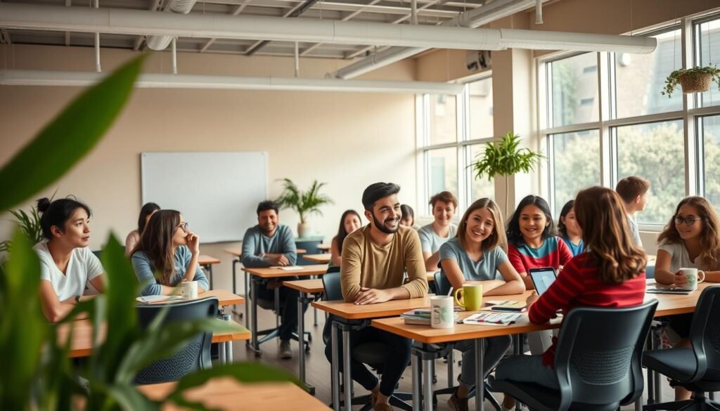 A cozy and well-lit classroom setting, with large windows that flood the space with natural light. Rows of modern desks and ergonomic chairs, arranged in a way that encourages collaboration and interactive learning. Soft, muted colors on the walls, complemented by vibrant plants and learning materials that add a sense of vitality and creativity. In the foreground, a group of diverse students engaged in an animated discussion, their faces alight with curiosity and intellectual stimulation. The atmosphere is one of focus, exploration, and a shared passion for knowledge. A wide-angle lens captures the scene, inviting the viewer to feel immersed in this nurturing and dynamic ambiente de aprendizagem.