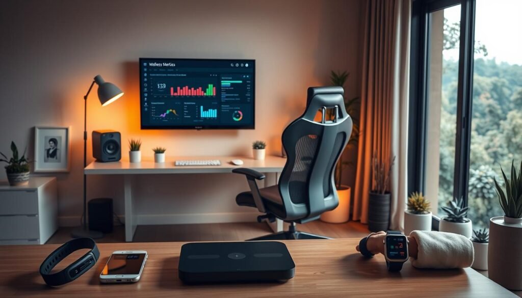 A cozy, well-lit home office with a sleek, modern desk, a high-backed ergonomic chair, and a large, high-resolution monitor displaying a personalized dashboard of wellness metrics. The space is bathed in warm, ambient lighting, creating a serene and focused atmosphere. In the foreground, an array of smart devices, including a fitness tracker, a smart scale, and a smartwatch, are seamlessly integrated, allowing the user to effortlessly monitor and customize their health and wellness data. The middle ground features thoughtfully curated decor, such as potted plants and minimalist art pieces, further enhancing the calm and productive setting. The background showcases a panoramic window overlooking a lush, natural landscape, reinforcing the balance between technology and well-being. A cozy, well-lit home office with a sleek, modern desk, a high-backed ergonomic chair, and a large, high-resolution monitor displaying a personalized dashboard of wellness metrics. The space is bathed in warm, ambient lighting, creating a serene and focused atmosphere. In the foreground, an array of smart devices, including a fitness tracker, a smart scale, and a smartwatch, are seamlessly integrated, allowing the user to effortlessly monitor and customize their health and wellness data. The middle ground features thoughtfully curated decor, such as potted plants and minimalist art pieces, further enhancing the calm and productive setting. The background showcases a panoramic window overlooking a lush, natural landscape, reinforcing the balance between technology and well-being.
