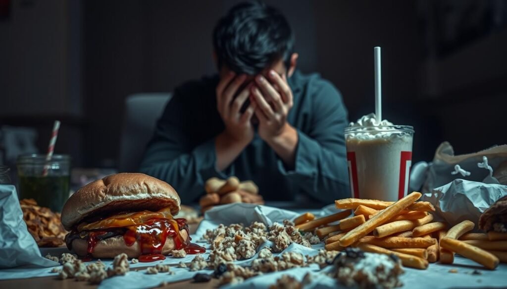 A despondent person sitting at a cluttered table, surrounded by an abundance of highly processed, unhealthy foods. The foreground is dominated by a half-eaten burger, fries, and a milkshake, all dripping with grease. In the middle ground, the person's face is obscured by their hands, conveying a sense of anguish and guilt. The background is hazy, with dim lighting casting long shadows, creating a somber, isolating atmosphere. The scene evokes the powerful grip of food addiction, the struggle to break free, and the emotional turmoil that accompanies this debilitating condition.