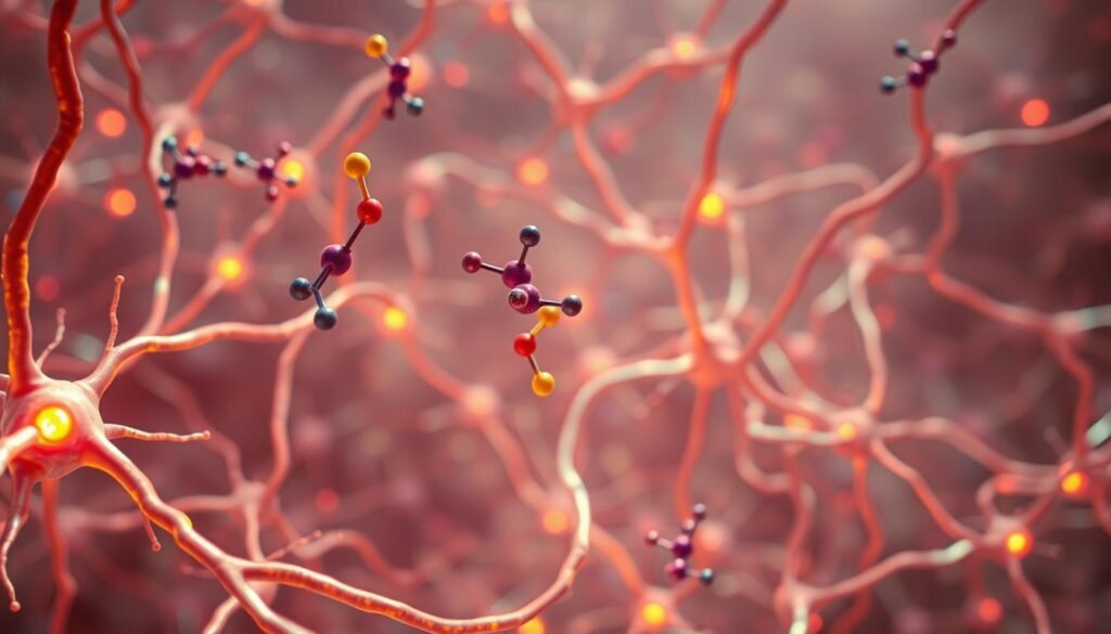 A detailed microscopic view of various neurotransmitter molecules floating in a vibrant, glowing neural network. The foreground features colorful, intricate chemical structures of dopamine, serotonin, and norepinephrine, suspended in an intricate web of synaptic connections. The middle ground showcases a complex, interconnected neuronal landscape, with neurons and axons pulsing with electrical activity. The background is a subdued, hazy gradient, conveying a sense of depth and the vast complexity of the brain's chemical communication system. Lighting is soft and diffused, creating a serene, scientific atmosphere. The camera angle is slightly tilted, adding dynamism to the composition.