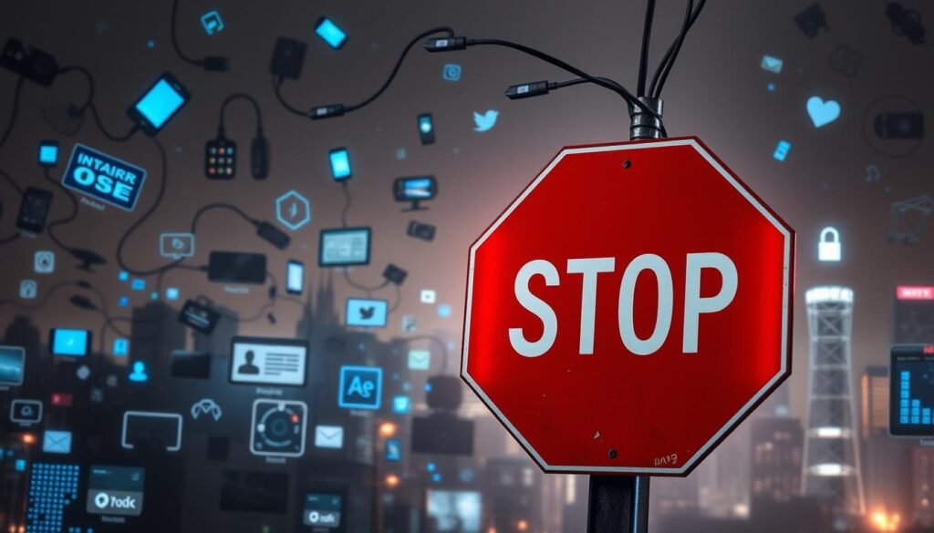 A detailed warning sign against the dangers of hyperconnectivity, featuring various cautionary icons and symbols. In the foreground, a large red octagon-shaped stop sign with a lightning bolt motif, conveying the urgent need to pause and unplug. Surrounding it, a collage of digital devices, wires, and glowing blue light, symbolizing the pervasive nature of modern technology. In the middle ground, flickering pixels and scattered notifications, evoking the constant stream of digital stimuli. In the background, a muted, moody cityscape, hinting at the isolating and overwhelming effects of excessive digital immersion. The overall composition should strike a balance between striking visuals and a somber, cautionary tone, capturing the complex issue of hyperconnectivity and its associated warning signs.