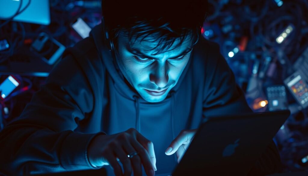 A digital dependency-afflicted individual sits hunched before a glowing screen, fingers tapping compulsively. Haunted eyes, sunken and weary, betray the toll of endless scrolling and notifications. The background fades into a blur of technological clutter - smartphones, laptops, and wires tangled in a mesmerizing yet oppressive web. Harsh, blue-tinted lighting casts an unnatural glow, exacerbating the subject's detachment from the physical world. The scene conveys a sense of isolation, addiction, and the pervasive, disruptive influence of digital stimuli on everyday life.