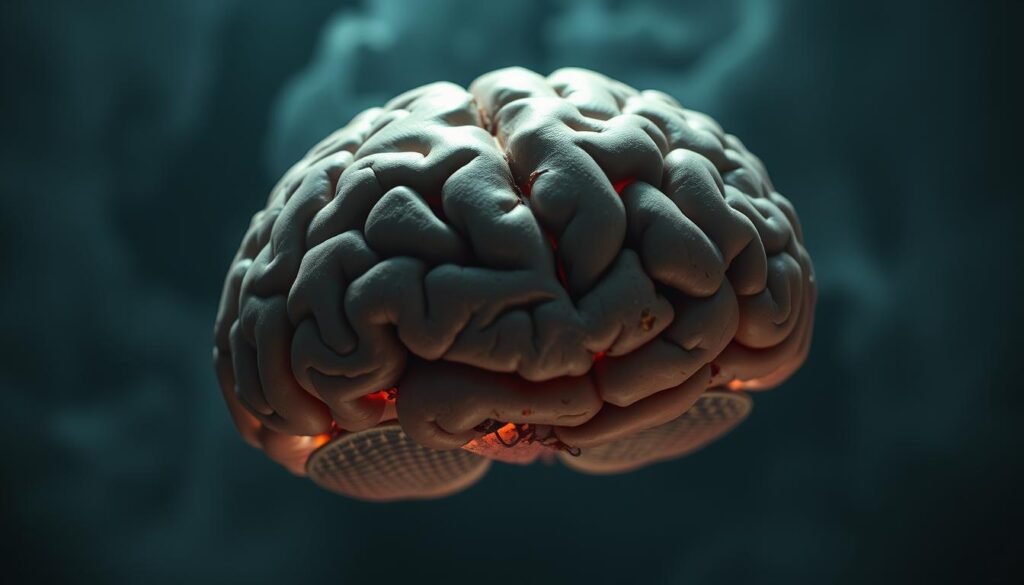 A dimly lit brain, its surface marked by deep fissures and discolored regions, floating in a hazy, cerebral landscape. Ominous shadows cast across the cerebral cortex, conveying a sense of distress and impairment. Synaptic connections appear frayed and weakened, suggesting disrupted neural pathways. The atmosphere is somber, with a subtle blue-green tinge, evoking the gravity of the "consequences of cerebral obesity." The camera angle is a close-up, focusing intently on the deteriorating brain, emphasizing the detrimental impact of this condition.