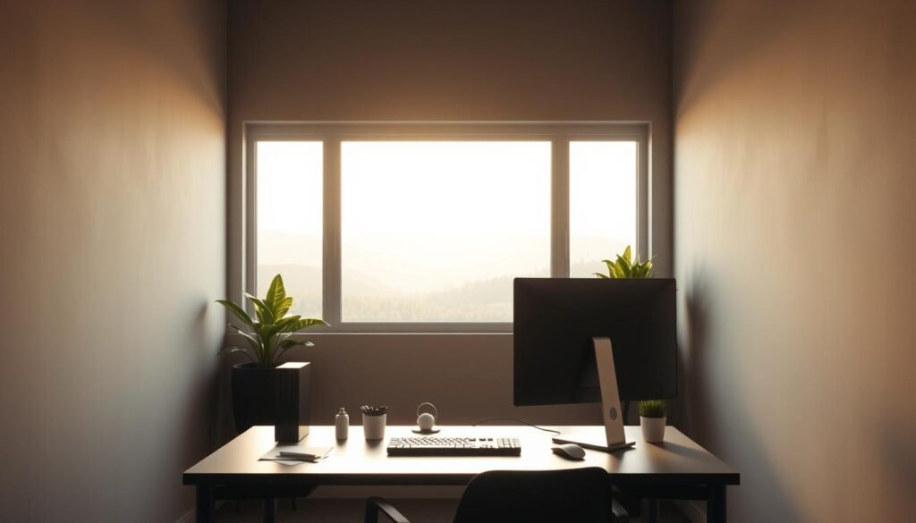 A dimly lit, minimalist office space with clean lines and a focus on simplicity. In the foreground, a sleek, distraction-free desk setup with a single monitor, a few essential office supplies, and a potted plant, all bathed in a soft, natural lighting. The middle ground features a large, uncluttered window overlooking a serene, natural landscape, with the sun filtering in and casting warm, diffused shadows. The background is a muted, neutral-toned wall, devoid of any unnecessary visual elements, creating a calming and focused atmosphere. The overall scene conveys a sense of technological boundaries that preserve mental well-being, with a harmonious balance between technology and nature.