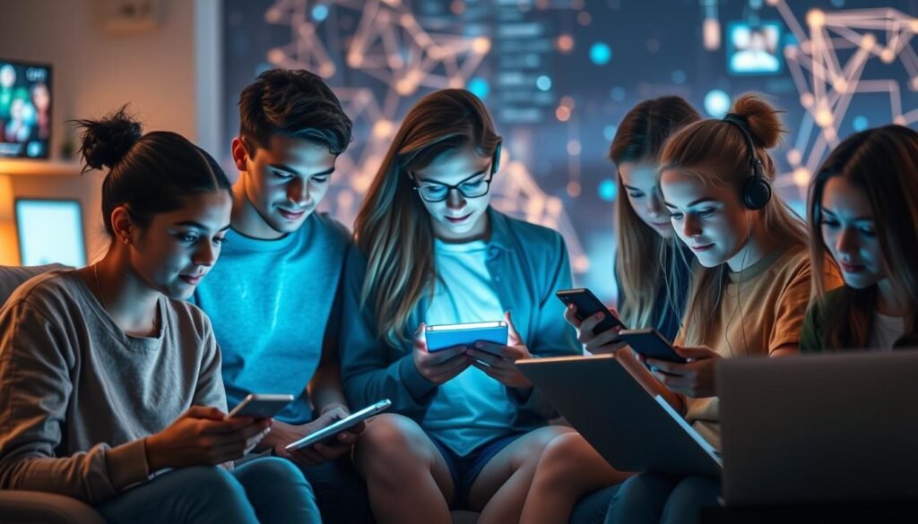 A group of diverse teenagers immersed in the digital world, surrounded by smartphones, tablets, and laptops. The foreground features their focused expressions as they navigate social media, chat with friends, and explore online content. The middle ground showcases a blend of modern, minimalist furniture and decor, creating a sleek, contemporary setting. In the background, abstract digital patterns and glowing screens emanate a sense of technological interconnectedness. Soft, diffused lighting casts a warm, contemplative atmosphere, highlighting the cognitive and behavioral challenges of the digital age.