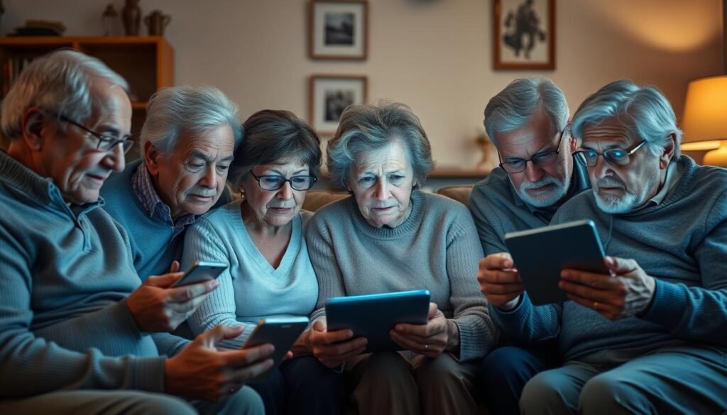 A group of elderly people gathered in a cozy living room, intently focused on their digital devices. Soft lighting illuminates their faces, revealing a mix of curiosity and hesitation as they navigate the unfamiliar terrain of modern technology. The background showcases a subtle blend of traditional furnishings and contemporary decor, reflecting the intersection of generations. The overall scene conveys a sense of vulnerability and the need for guidance, as the elders cautiously explore the digital world that is rapidly transforming their daily lives.