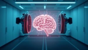 A high-tech brain monitoring device with a sleek, modern design. The foreground features a futuristic headset with sensors carefully positioned to capture detailed neural activity. In the middle ground, a holographic display projects a 3D visualization of the brain's intricate networks, pulsing with real-time data. The background showcases a minimalist, well-lit laboratory setting, with clean lines and subtle blue hues that evoke a sense of scientific precision. The overall scene conveys the idea of advanced technology enabling the precise measurement and monitoring of the brain's neuroplastic changes over time.