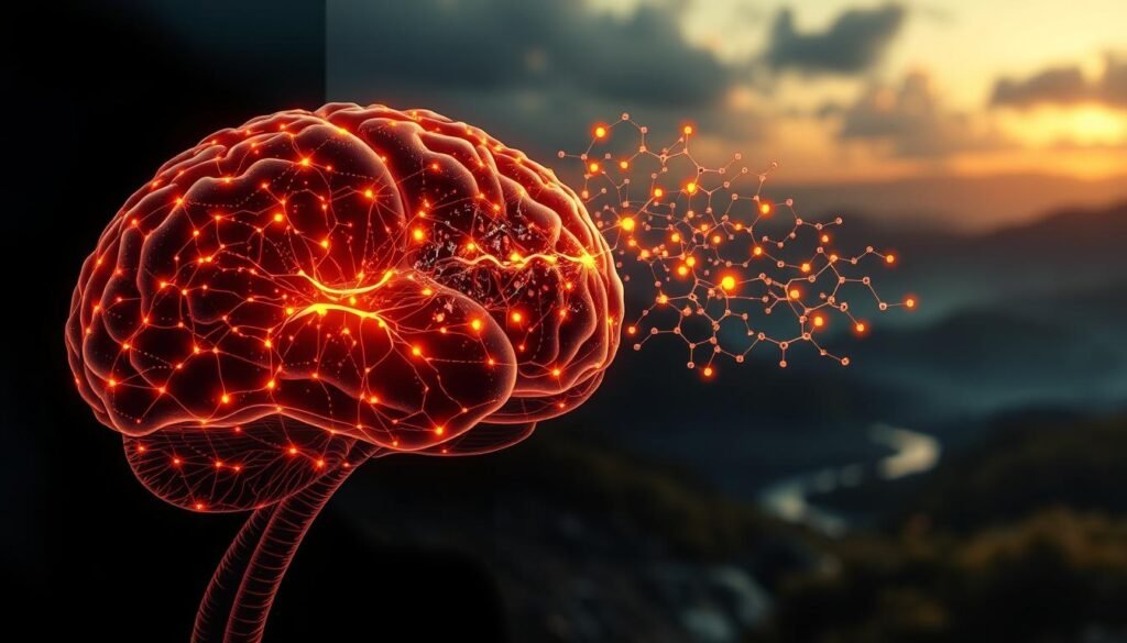 A highly detailed, photorealistic image of the intricate mechanisms involved in the regulation of brain metabolism. In the foreground, a cross-section of the human brain, with glowing synapses and neural pathways, illuminated by a warm, soft light. In the middle ground, a network of intricate biochemical processes, represented by colorful molecular structures and cascading energy flows. In the background, a serene, contemplative landscape, suggesting the deeper connections between the brain, the body, and the natural world. The overall scene conveys a sense of scientific precision, deep understanding, and a profound appreciation for the complexity of the human mind. Captured with a high-resolution, wide-angle lens, and a cinematic depth of field.