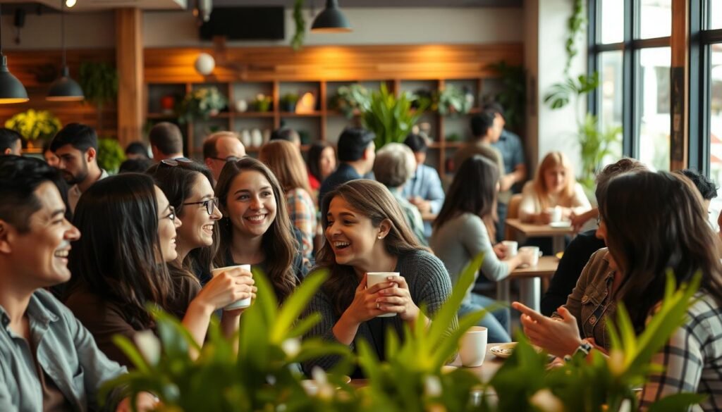 A lively gathering of people in a cozy, well-lit café setting. In the foreground, several friends engaged in animated conversation, their faces alight with smiles and laughter. The middle ground features a mix of individuals and small groups, some sipping coffee, others sharing a meal. The background depicts the warm, inviting ambiance of the café, with soft lighting, wooden furnishings, and plants adding a touch of natural vibrancy. The overall scene conveys a sense of connection, community, and the nourishment that social interaction provides for the mind and spirit.