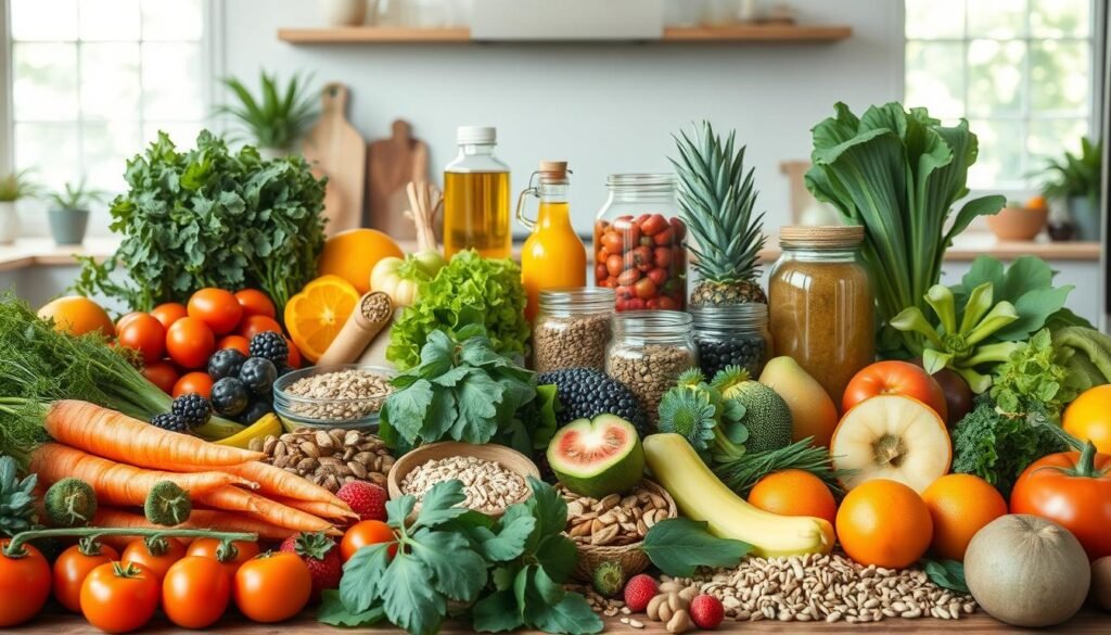 A lush, vibrant still life scene depicting a variety of wholesome, nutrient-dense foods arrayed in a harmonious arrangement. In the foreground, an array of fresh vegetables, including leafy greens, crisp carrots, and ripe tomatoes, alongside an assortment of colorful fruits like berries, citrus, and tropical varieties. In the middle ground, a selection of whole grains, nuts, and seeds, complemented by glass jars filled with healthy oils and superfoods. The background features a clean, minimalist kitchen setting with natural light streaming in through large windows, creating a serene, rejuvenating atmosphere. The overall composition conveys a sense of balance, abundance, and a commitment to nourishing, long-lasting vitality.