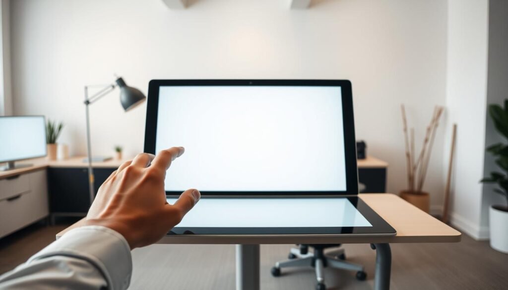 A modern, minimalist office space with a clean, ergonomic desk setup. In the foreground, a person's hands are interacting with a sleek, responsive touchscreen device, the screen displaying a clean, uncluttered interface. The middle ground features a well-designed desk with an adjustable chair and subtle lighting that creates a comfortable, focused atmosphere. The background is a soft, muted color palette, with hints of natural elements like wood or greenery to create a sense of balance and calm. The overall scene conveys a sense of thoughtful, optimized design that enhances cognitive performance and productivity.