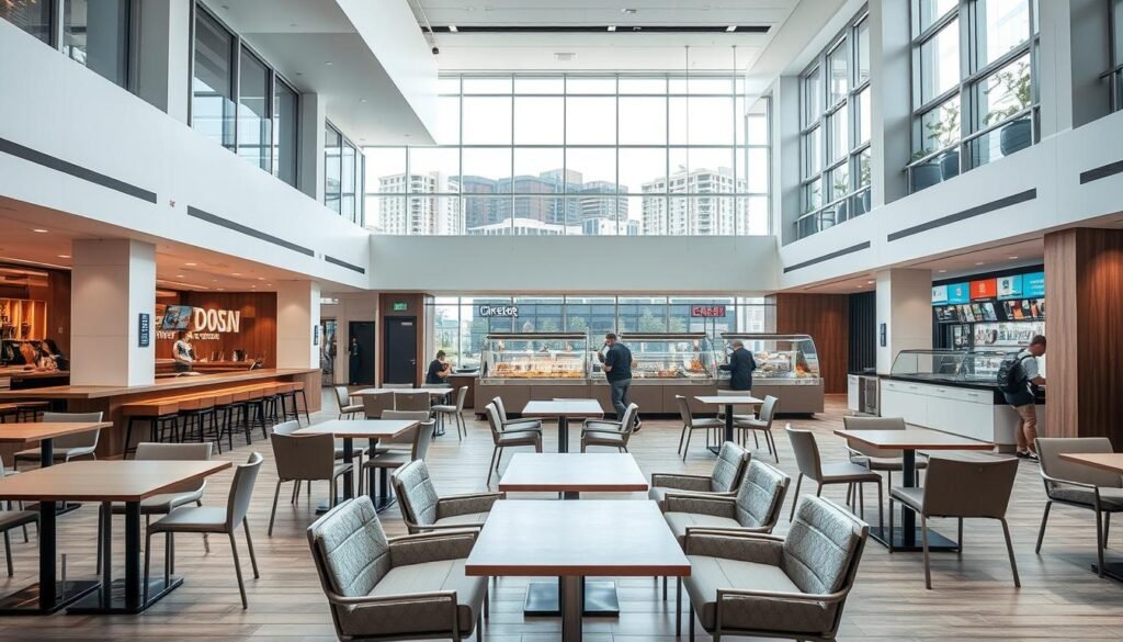 A modern, well-organized food court interior with clean lines and a minimalist aesthetic. The foreground features a variety of seating options, including high-top tables and comfortable lounge chairs, arranged in a visually appealing layout. The middle ground showcases sleek, modular food service stations with clear signage and efficient flow. In the background, floor-to-ceiling windows flood the space with natural light, while discreet lighting fixtures create a warm, inviting ambiance. The overall design prioritizes functionality, visual coherence, and a pleasant dining experience for patrons. A sense of order and attention to detail pervades the scene, reflecting the importance of considered spatial organization in food service environments.