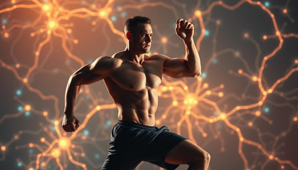 A muscular, athletic person exercising vigorously, surrounded by a glowing, kaleidoscopic background of neural pathways and synaptic connections. The figure is mid-stride, muscles straining, with a determined expression on their face. The lighting is dramatic, casting shadows and highlights that accentuate the movements and the intricate neural network. The overall atmosphere is one of dynamic energy and neurological transformation, conveying the idea of physical exercise as a powerful tool for brain plasticity and cognitive enhancement.