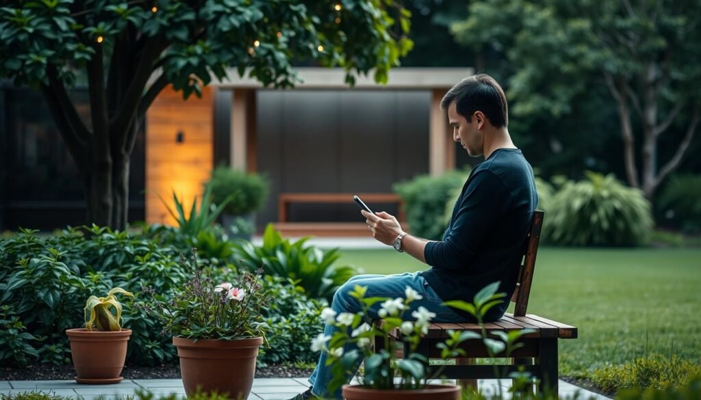 A peaceful, serene setting with a person sitting comfortably on a wooden bench in a tranquil garden. The person is surrounded by lush greenery, with a few potted plants and flowers in the foreground. The lighting is soft and warm, creating a calming ambiance. In the background, there is a simple, minimalist architecture, such as a small pavilion or gazebo, suggesting a space designed for contemplation and relaxation. The person is focused on their smartphone, but their posture and expression convey a sense of balance and mindfulness, reflecting a healthy relationship with technology.